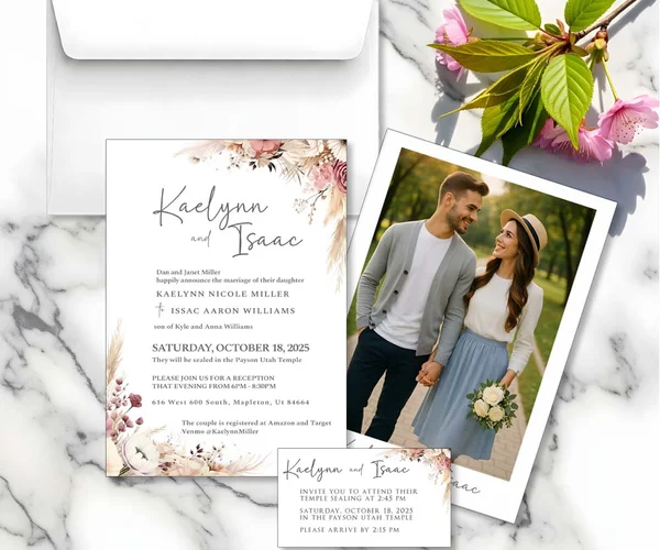 Beautiful stack of custom wedding invitations with envelopes on desk