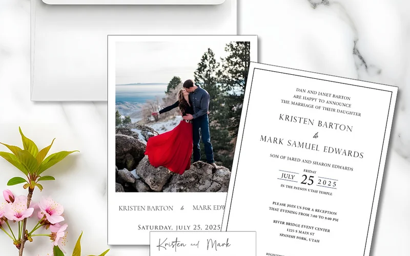 MCC Wedding Invitations suite with matching reception, open house, and registry insert cards on premium cardstock