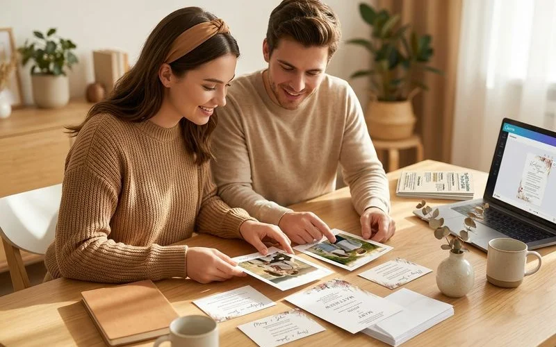 Couple reviewing engagement photo options to use on the back of their wedding invitation