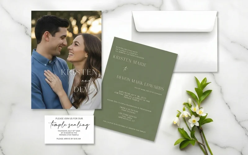 MCC Wedding Invitations photo wedding invitation suite with matching envelopes and insert cards in Utah
