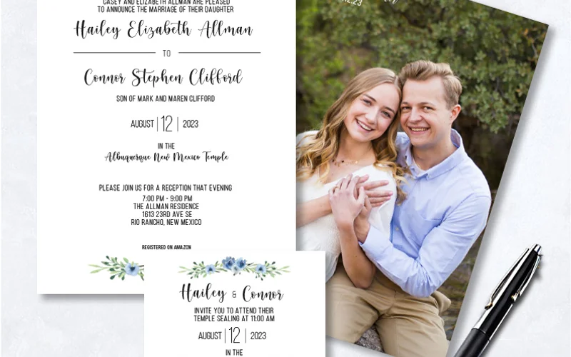 Example Latter-day Saint wedding invitation showing parents names, date, and temple information