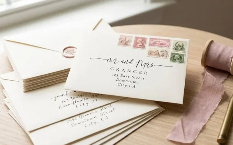 MCC Wedding Invitations printed envelopes with calligraphy-style guest addresses for a Utah Latter-day Saint wedding