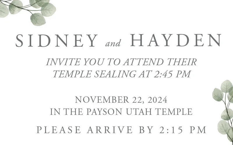 Temple sealing insert card showing arrival time and temple address information