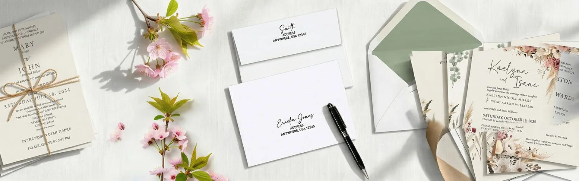 Wedding stationery design workspace with paper samples and calligraphy tools