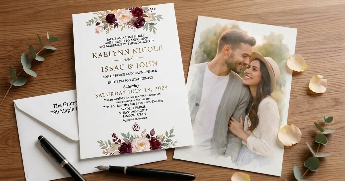 Photo-back wedding invitation showing an engagement photo on the back and wording on the front
